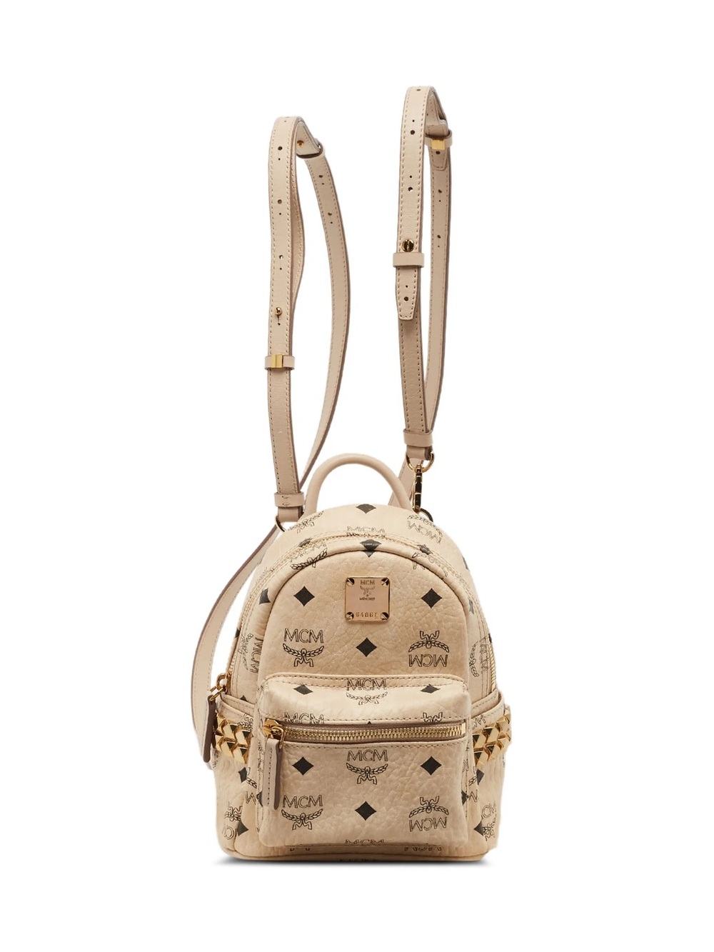 MCM Mini Stark Visetos Backpack in Beige with Gold Accents